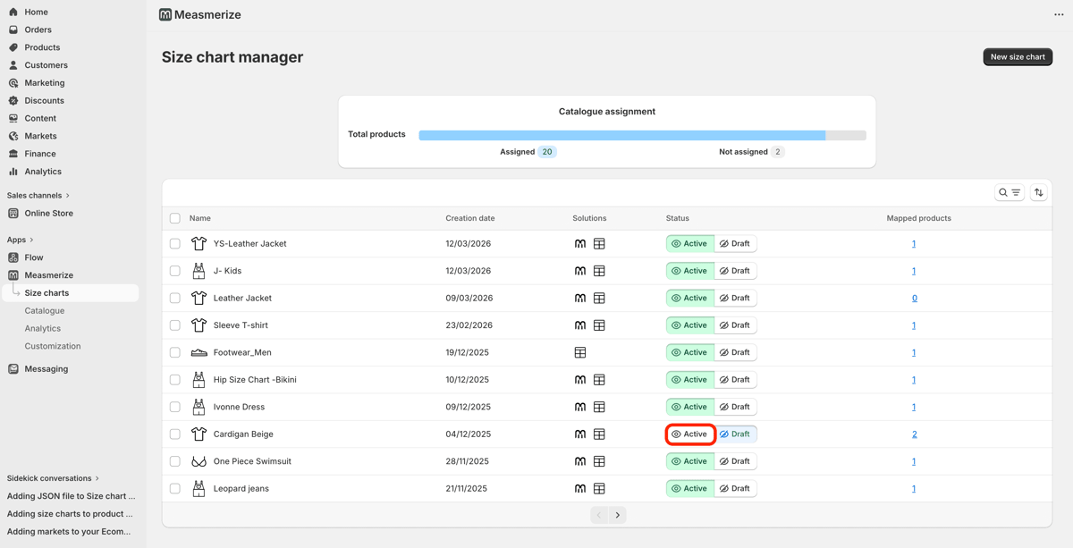 Activate the size chart image