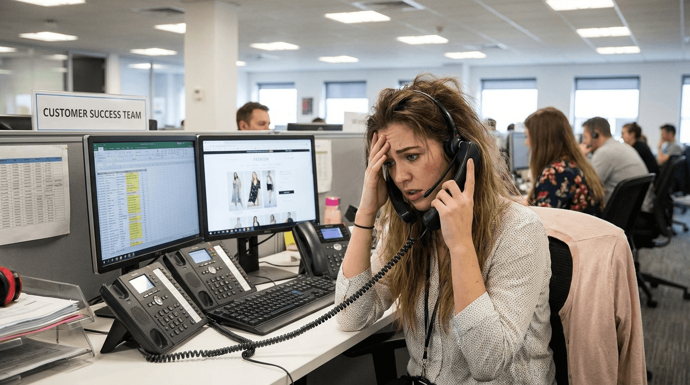 A stressed out Customer Support professional handling multiple size-related questions